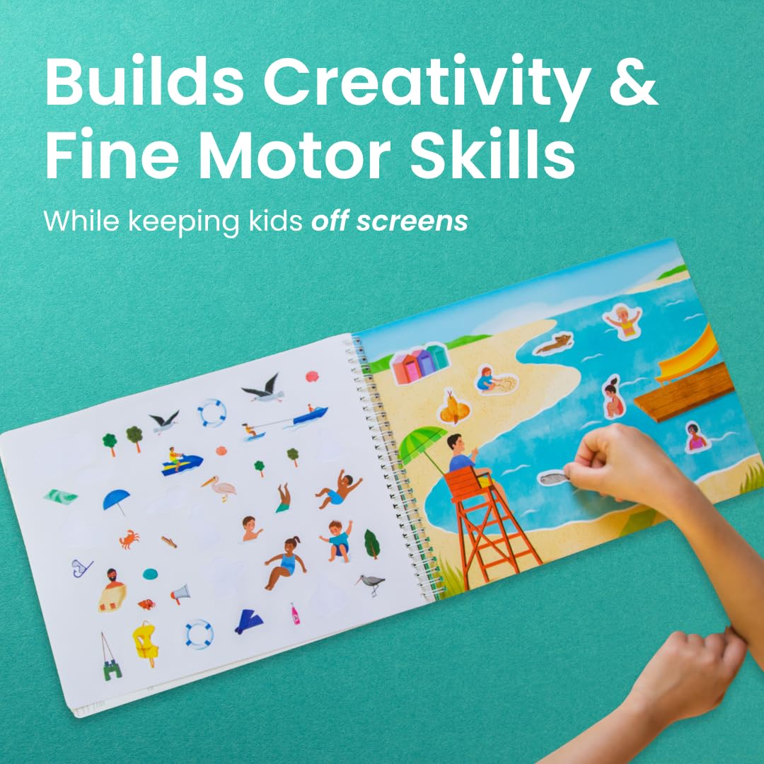 CUPKIN Sticker Book for Kids 2-4, 500+ Kids Stickers, Beach Day 12 Coloring Pages 12 Side by Side Scenes, Fun Toddler Travel Activity Coloring and Sticker Books for Children Ages 4-8 + 8-10 CUPKIN