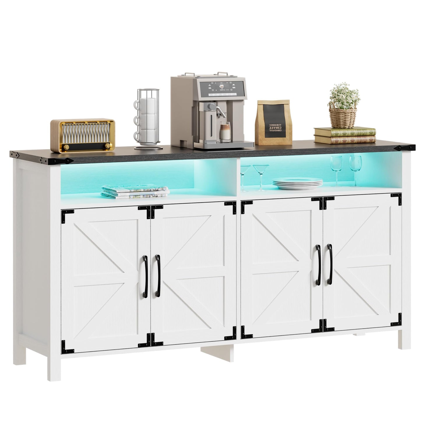 Scurrty Sideboard Buffet Cabinet with Lights, 61" Large Storage Cabinet,Large TV Stand with Storage, Farmhouse Style Buffet with LED, Wood Coffee Bar Cabinet for Dining Room, Kitchen&Living R - WoodArtSupply