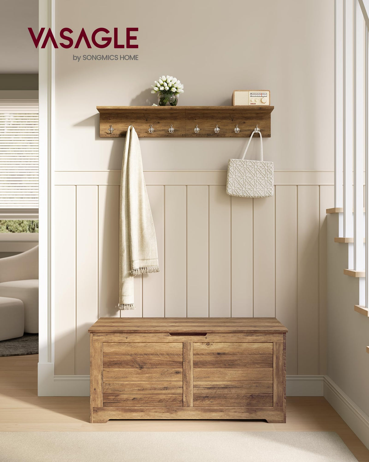 VASAGLE Storage Chest, Storage Trunk with 2 Safety Hinges, Storage Bench, Shoe Bench, Farmhouse Style, 15.7 x 39.4 x 18.1 Inches, for Entryway, Bedroom, Living Room, Honey Brown ULSB061K01 VASAGLE