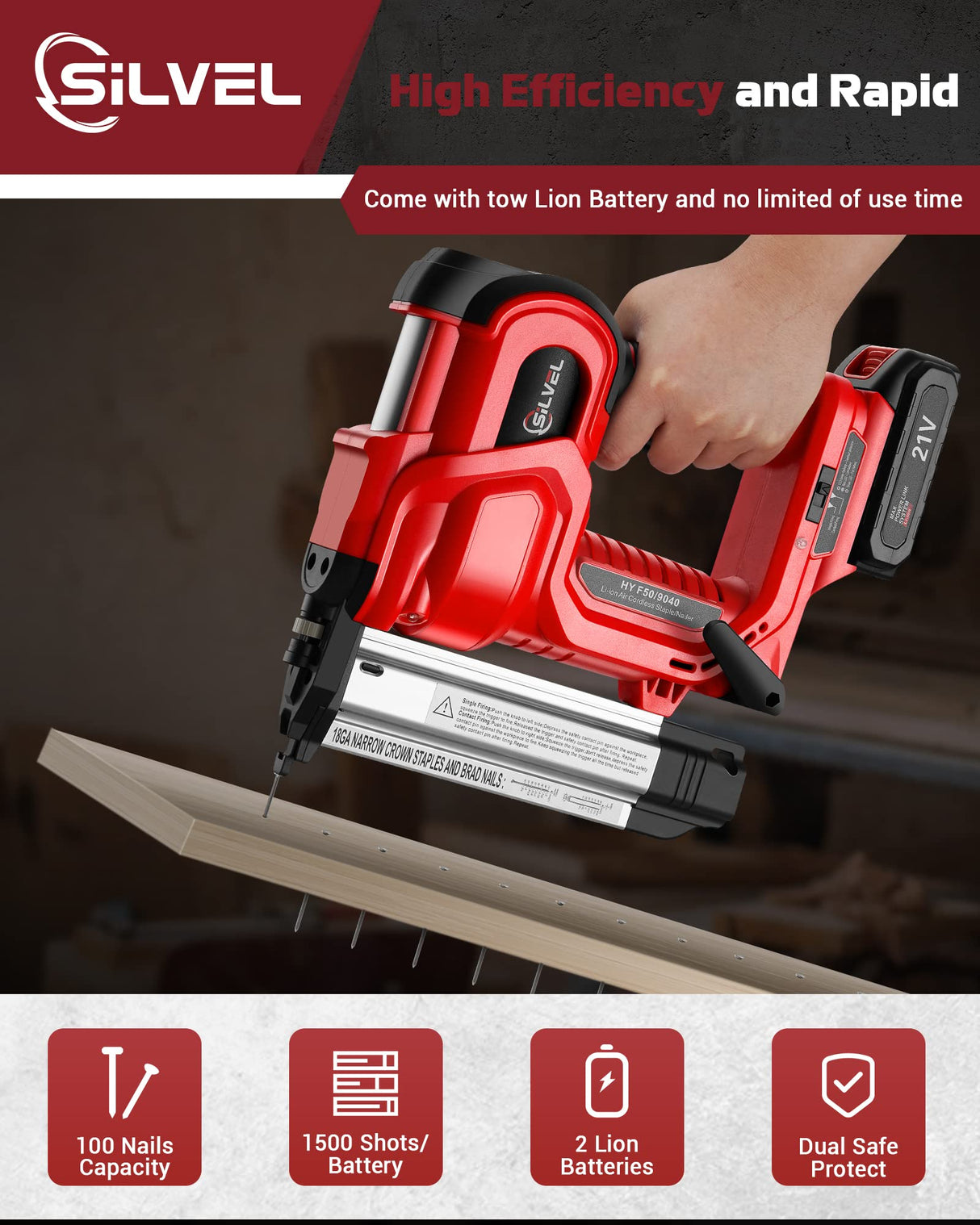 SILVEL 18 Gauge Cordless Brad Nailer, 2 in 1 Cordless Nail Gun/Electric Stapler, 2 * 21V Battery Powered Nail Gun, Fast Charging for Woodworking,Home Improvement SILVEL