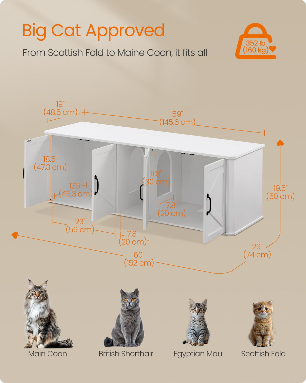 Feandrea Double Cat Litter Box Enclosure, Modern Cat Litter Box Furniture Hidden for 2 Cats, Front Entry, Cat House, Side End Table, TV Stand, 59 x 19 x 19.5 Inches, Cloud White UPCL010W01 Feandrea