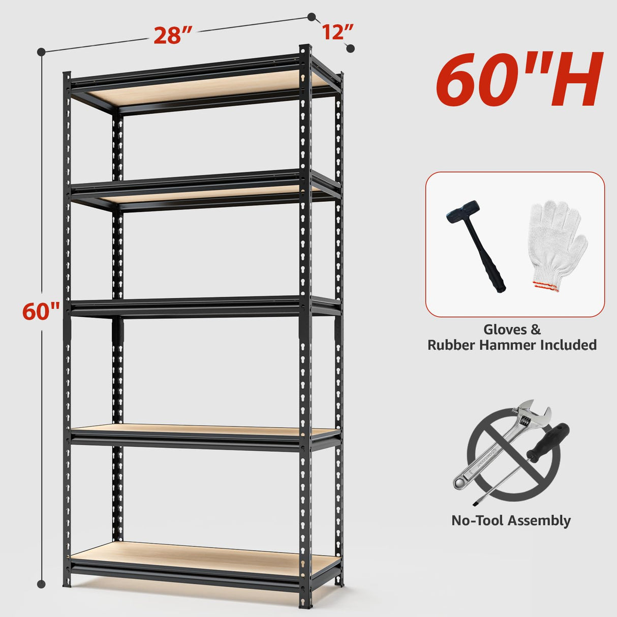 SYLOUGH 28" W Father&I Industrial Heavy-Dudy Garage Shelving Units/Systems: Metal 5-Tier Storage Shelves Adjustable for Basement/Closet/Tote/Kitchen/Pantry Organization, 60" H*28W *12" D, Black SYLOUGH