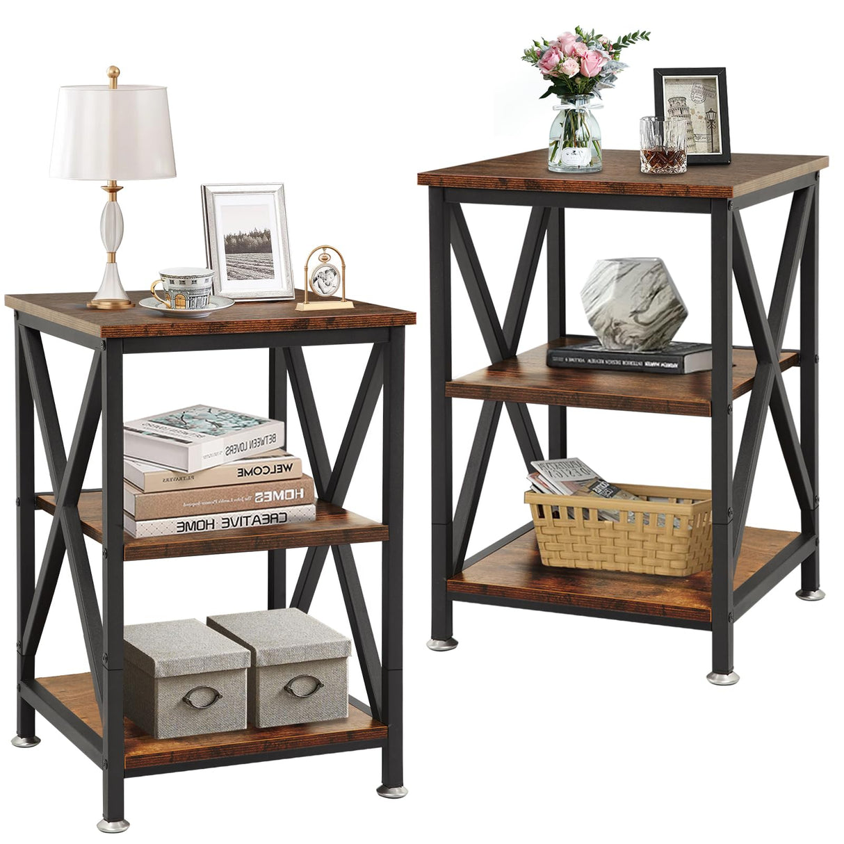 End Tables Living Room Set of 2 Farmhouse, Side Table with Storage Shelf, 16" W x 12" D x 24" H, 3 Tier Side Table Set of 2, X-Shaped Night Stands Set of 2 for Bedrooms, Coffee Table Set of 2 TooCust