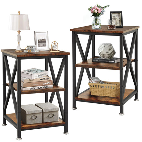 End Tables Living Room Set of 2 Farmhouse, Side Table with Storage Shelf, 16" W x 12" D x 24" H, 3 Tier Side Table Set of 2, X-Shaped Night Stands Set of 2 for Bedrooms, Coffee Table Set of 2 TooCust