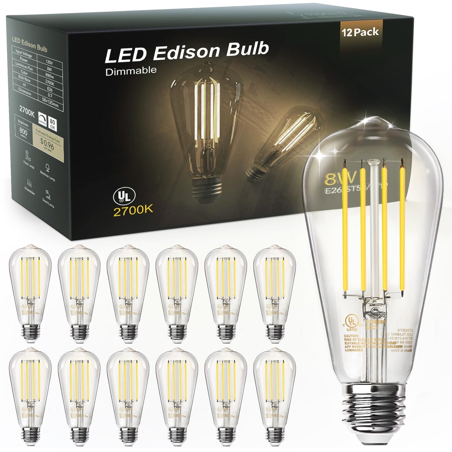 TJOY 12 Pack Vintage 8W ST58 LED Edison Light Bulbs, Dimmable, 60W Equivalent, 800Lumens, 2700K Warm White, E26 Base LED Filament Bulb, CRI80+, Antique Glass Style for Home, Bedroom, Office, Farmhouse