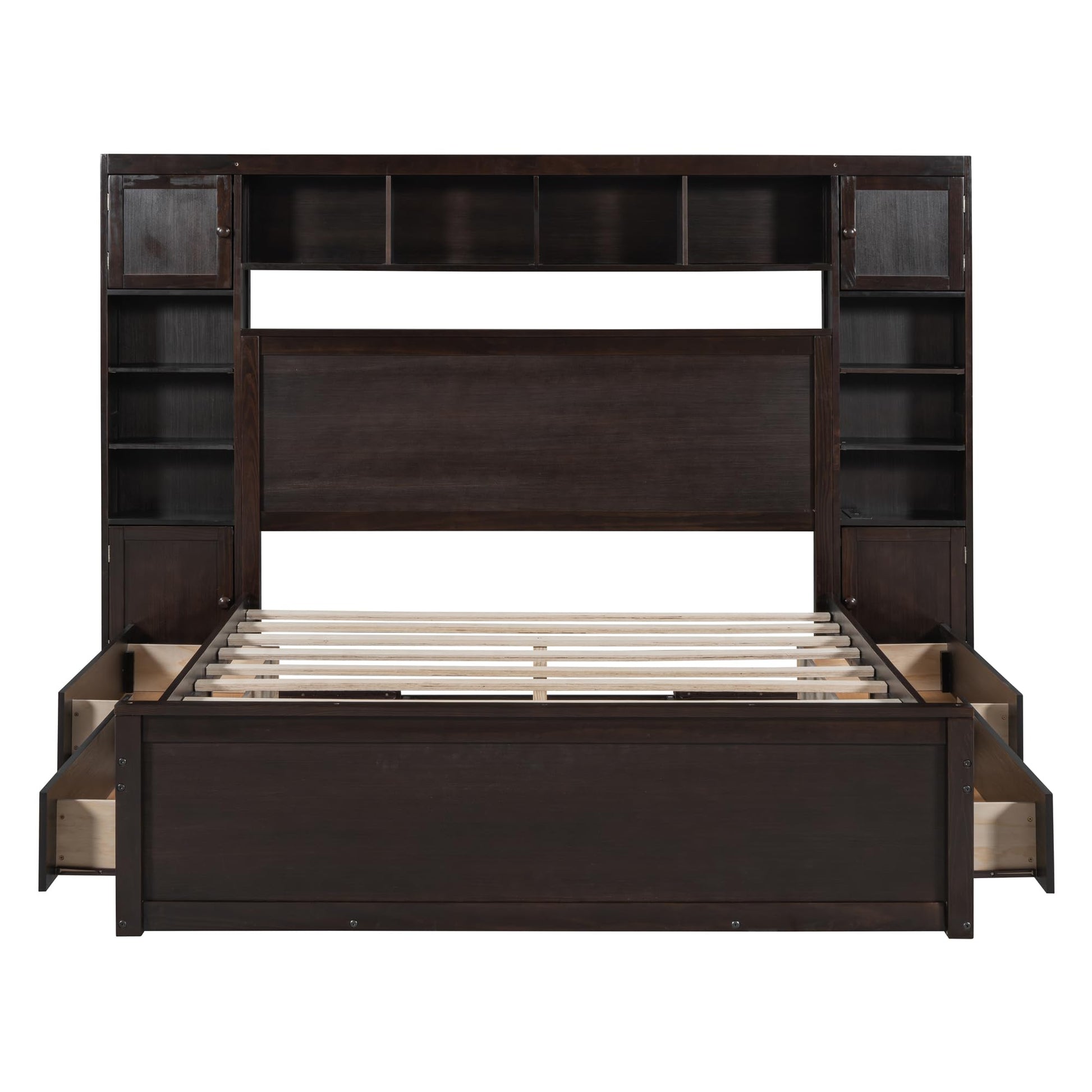 Queen Storage Platform Bed with Bookcase Headboard and Drawers in Espresso - WoodArtSupply