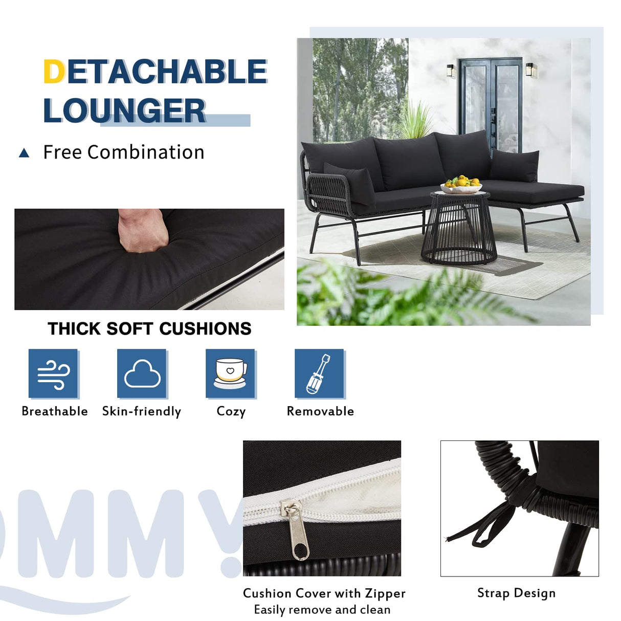 EROMMY 3 Piece Patio Conversation Sets, L-Shaped Sectional Patio Furniture Sofa Set with Thick Cushions and Toughened Glass Coffee Table for Backyard Balcony Garden Porch, Black EROMMY