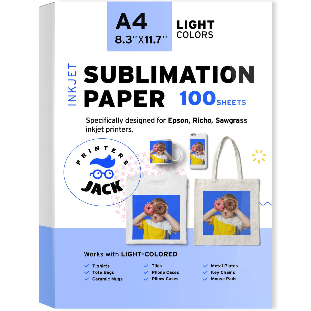 Printers Jack Sublimation Paper - Heat Transfer Paper 100 Sheets 8.3" x 11.7" for Any Epson HP Canon Sawgrass Inkjet Printer with Sublimation Ink for T shirt Mugs DIY Printers Jack