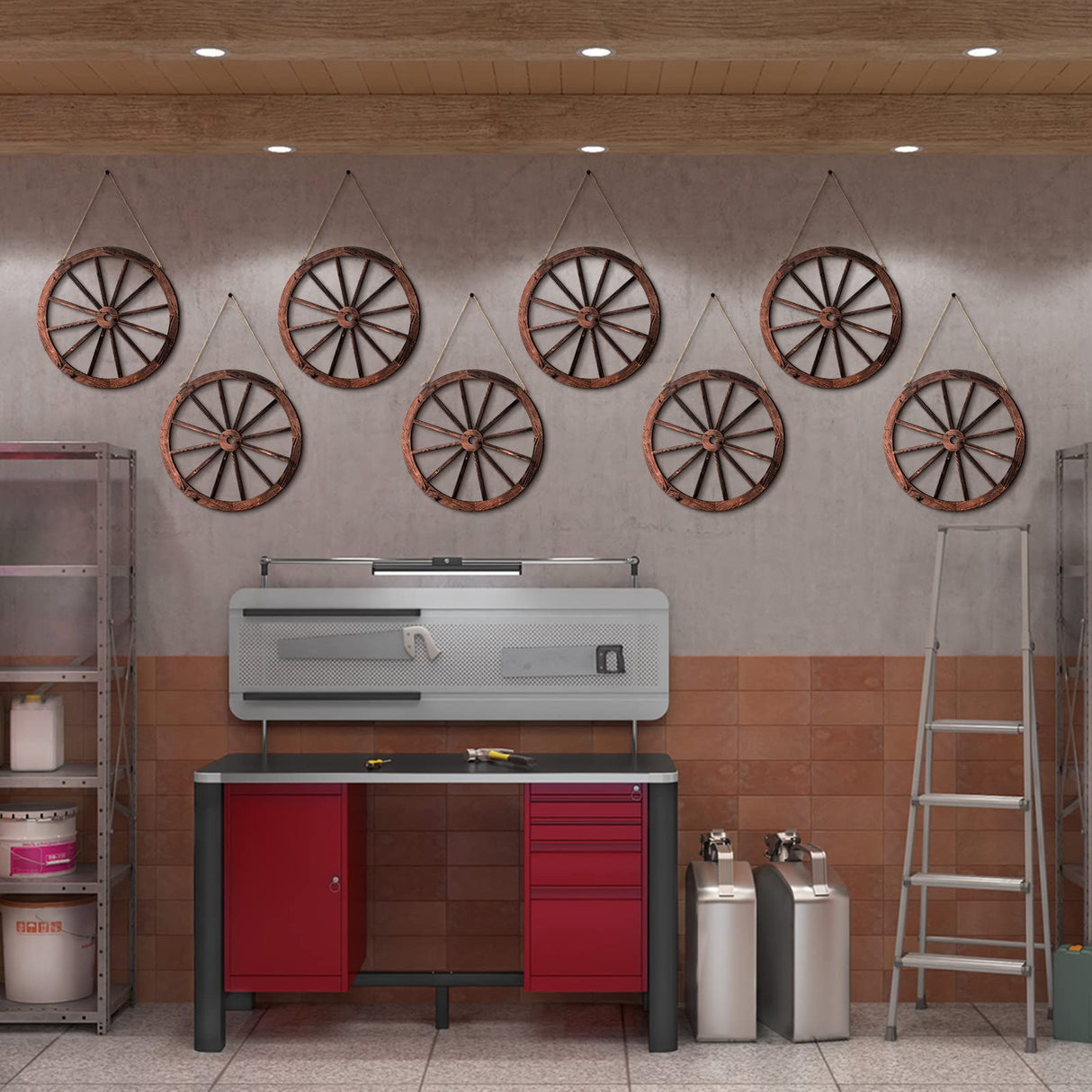 8 Pieces Wooden Wagon Wheel Wall Decor 10 Inches Old Western Wood Wall Art Farmhouse, Rustic Yard Decor Wood Hanging Decorative Wheels for Garden Home Bar Garage Qunclay