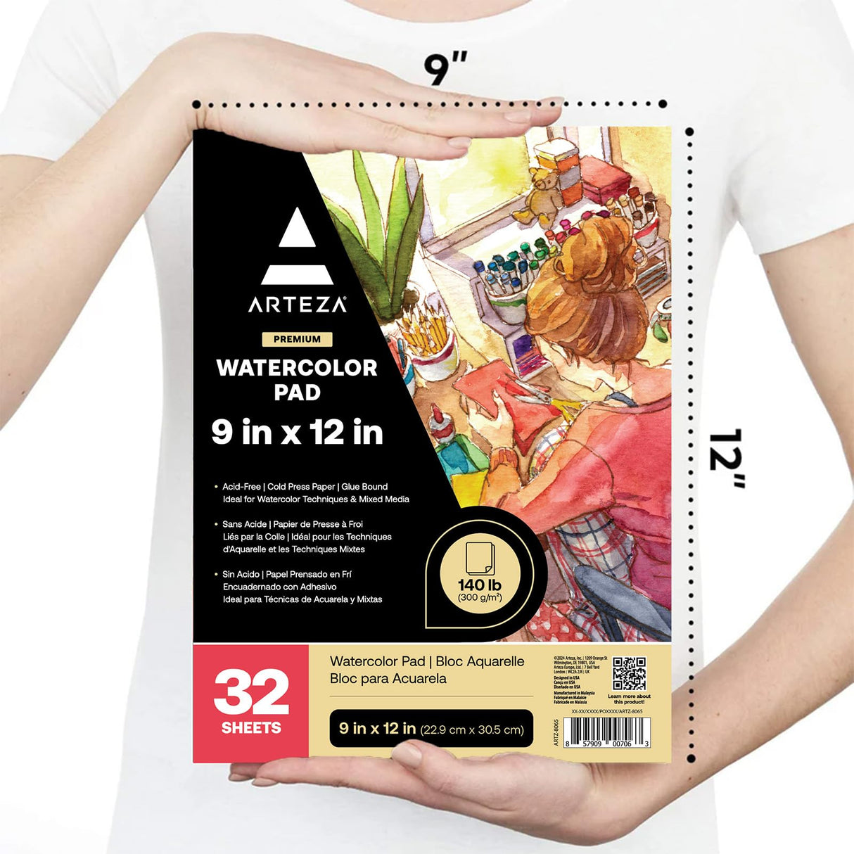 ARTEZA Watercolor Paper, 32 Sheets Each, 9x12 Inch Water Color Paper, 140lb/300gsm, Cold Press, Acid Free Art Paper ARTEZA