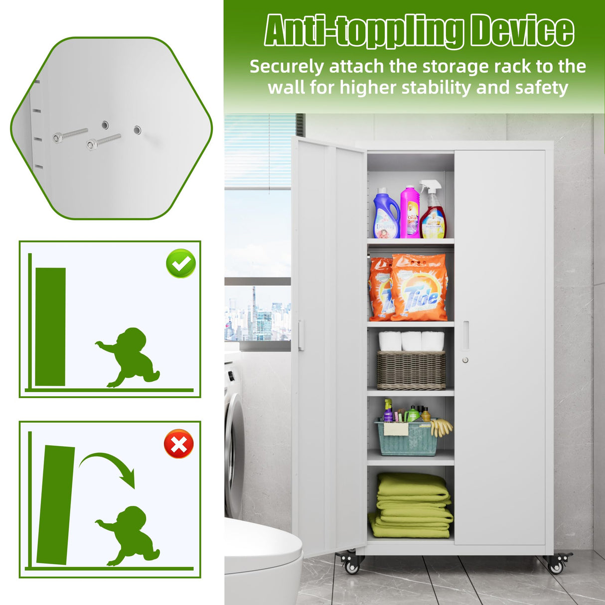 Aobabo 73''H Garage Storage Cabinet with Wheels,Office Storage Cabinet with Lock,Steel Cabinet with 2 Doors and 4 Adjustable Shelves for Garage Office,Required-Assembly White Aobabo