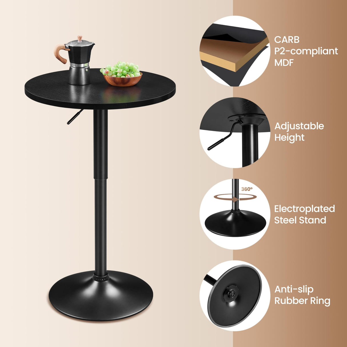 Yaheetech Adjustable Height 360° Swivel Round Bar Table in Full Black Yaheetech