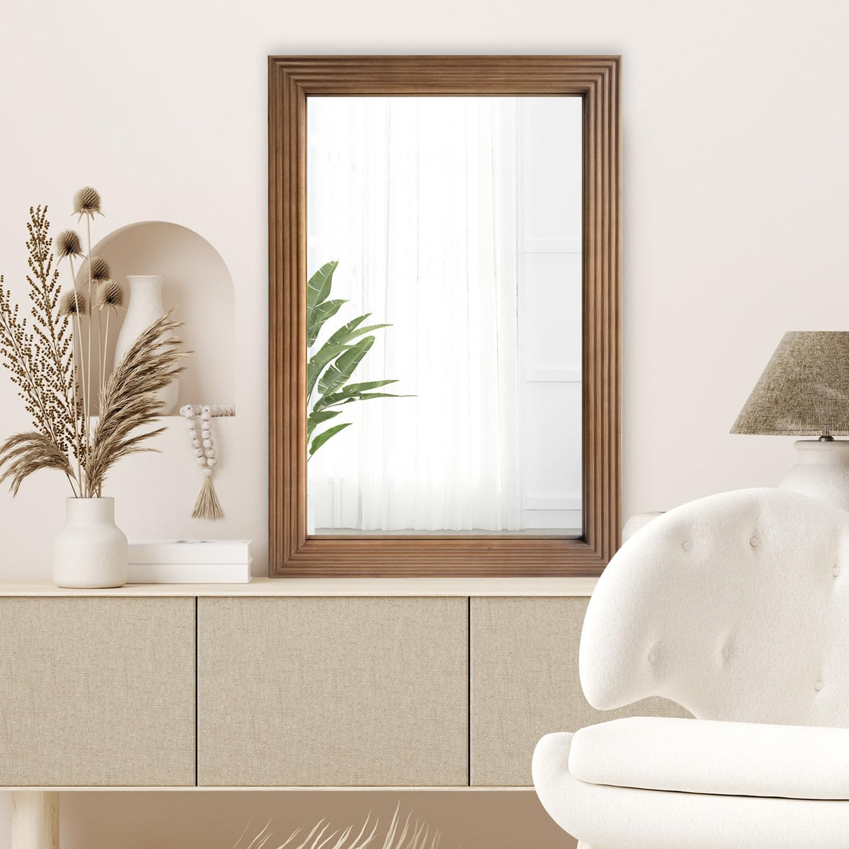 DAOYIJIAJU Rustic Wooden Framed Wall Mirror, Rectangle Wood Hanging Mirror, Farmhouse Wall Mirror for Bathroom Vanity Bedroom Living Room, Vertical or Horizontal Hanging, 36" x 24" DAOYIJIAJU