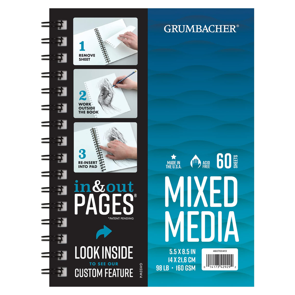 Grumbacher 5.5" x 8.5" Mixed Media Paper Pad with in & Out Pages, 98 lb. / 160 GSM, Side Wire Bound, 60 White Sheets/Pad, 1 Each Grumbacher