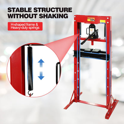 12 Ton Hydraulic Garage Press, H-Frame Hydraulic Shop Press with Adjustable Height, Garage Benchtop Press with Stamping Plates to Bend, Red - WoodArtSupply