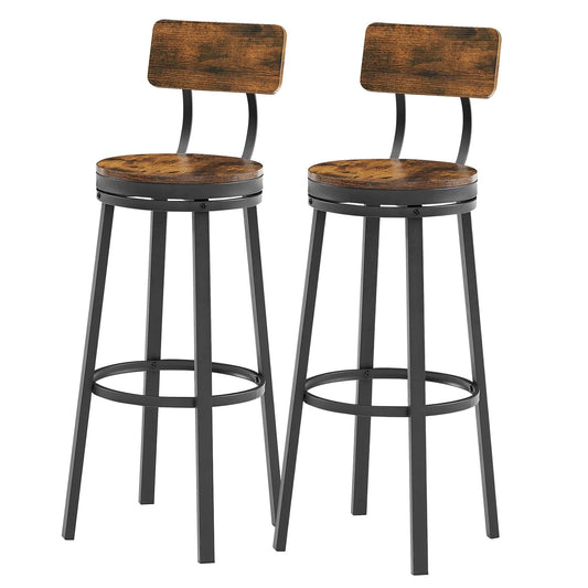 Taiweny 29” Industrial Swivel Bar Stools Set of 2 with Back and Wooden Seat in Rustic Brown and Black