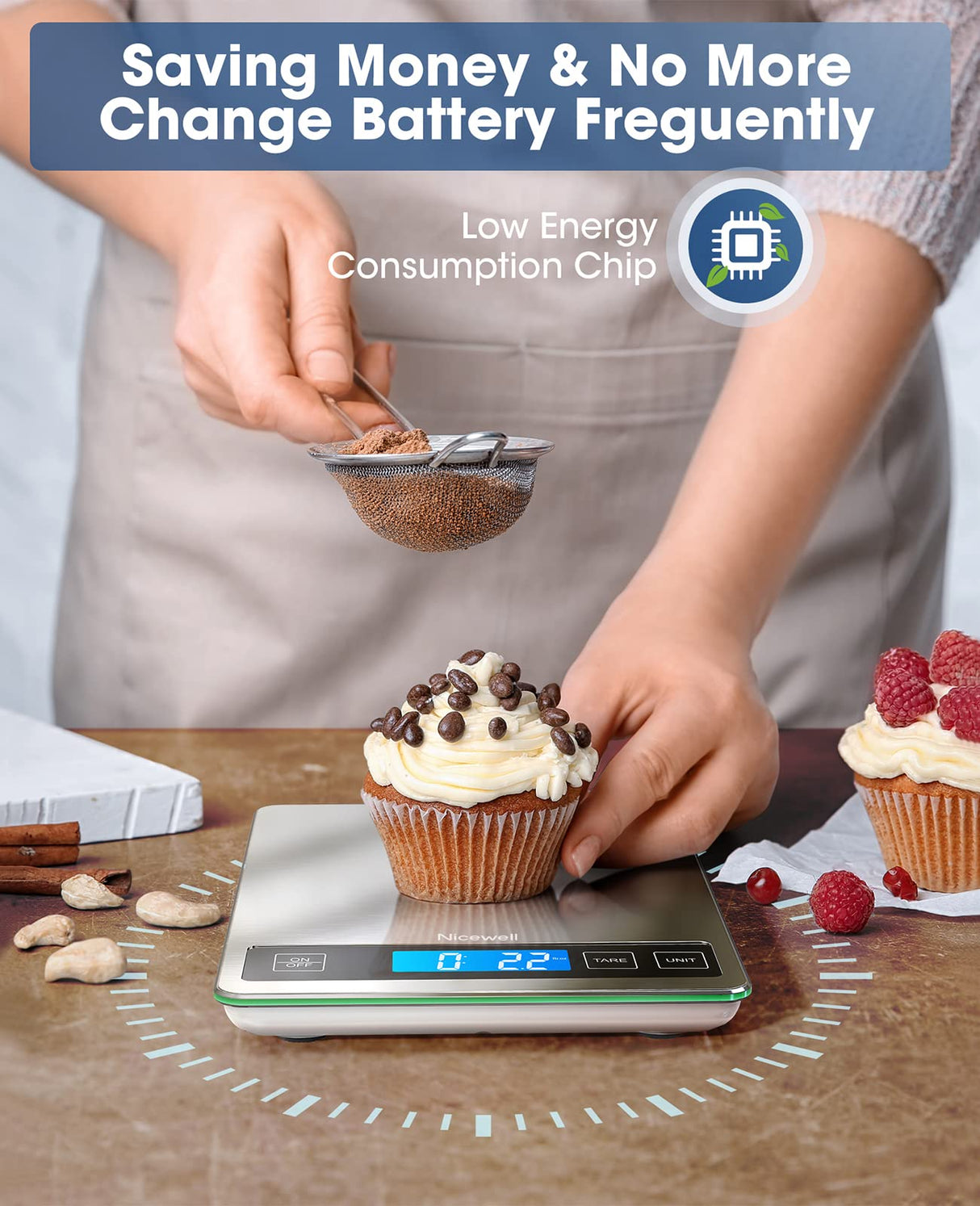 Nicewell Food Scale, 22lb Digital Kitchen Scale Weight Grams and oz for Cooking Baking, 1g/0.1oz Precise Graduation, Stainless Steel and Tempered Glass (Ash Silver) Nicewell