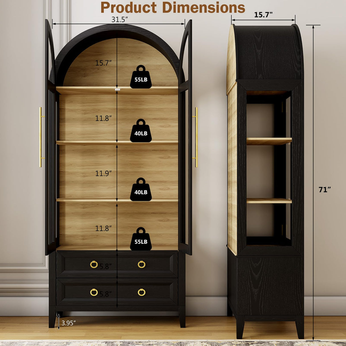 LVSOMT 71" Tall Arched Storage Cabinet with Glass Doors and Drawers, Curio Display Cabinet with Adjustable LED Light & Human Sensor, 4-Tier China Cabinet for Living Room(Black+Wood) LVSOMT