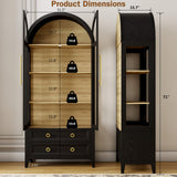 LVSOMT 71" Tall Arched Storage Cabinet with Glass Doors and Drawers, Curio Display Cabinet with Adjustable LED Light & Human Sensor, 4-Tier China Cabinet for Living Room(Black+Wood) LVSOMT