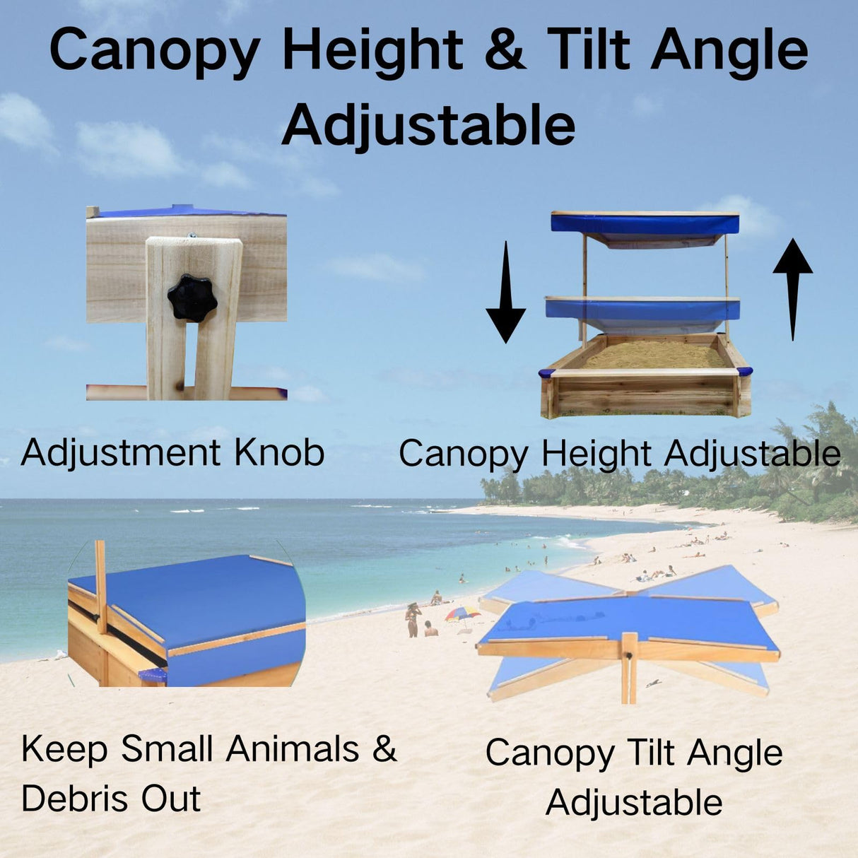 Kids Wooden Sandbox with Cover, Large Outdoor Sandbox with Canopy Height Adjustable, Sand Pit for Backyard Play, Wooden Sand Box for Kids Ages 4-8, Great for Children Boys Girls. AOCOROE