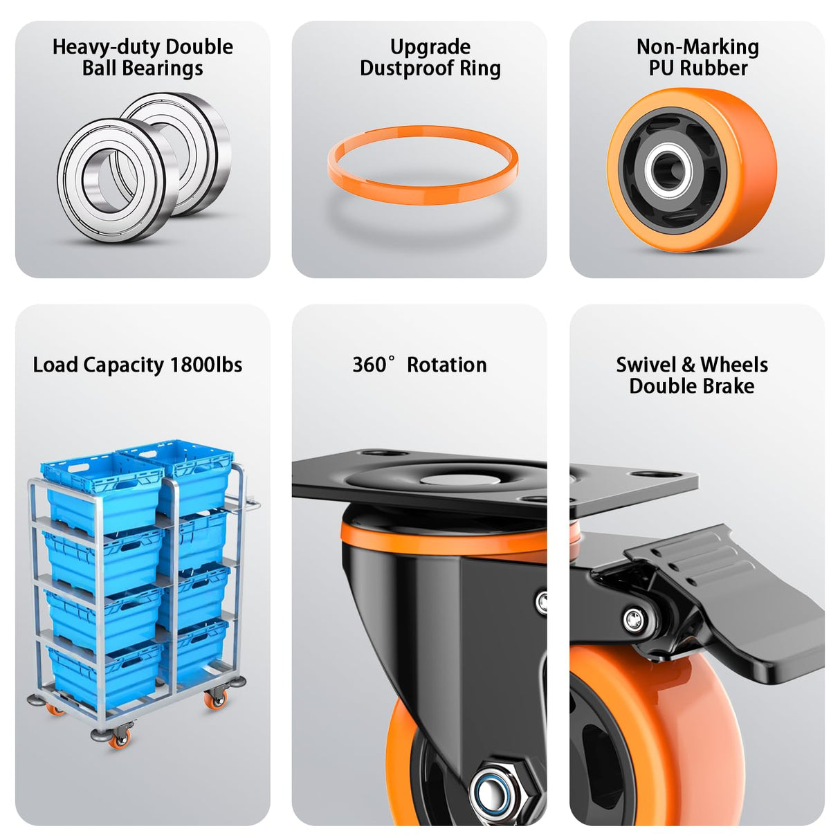 3 inch Casters Wheels, Heavy Duty Casters Set of 4, No Noise Industrial Casters Load 1600lbs with Brake, Swivel Industrial Plate Casters, Wheels for Cart Furniture(2 Hardware Kits & Gloves) LUTUMEI