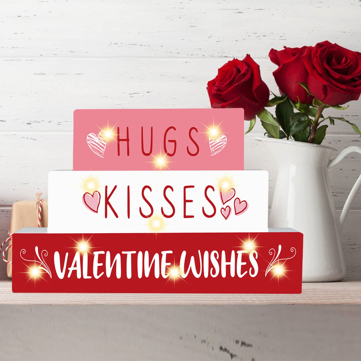 Valentines Day Decor,11 LED Valentine Wood Block Sign, Valentine Wishes Rustic Letters, Farmhouse Home Table Centerpiece Decor,Valentine's Day decor Tiered Tray, Tables, Mantel Decor，Valentine Gift CRCZK