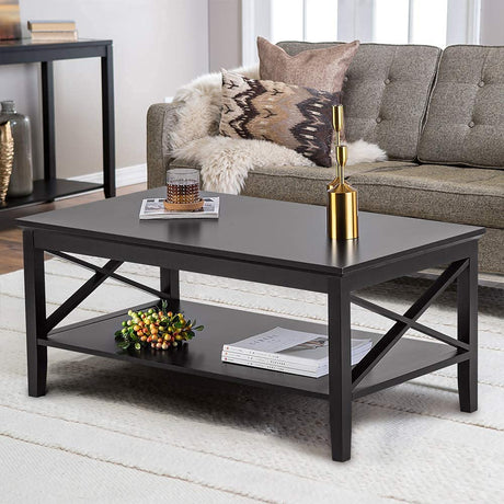 ChooChoo Oxford Coffee Table with Thicker Legs, Black Wood Coffee Table with Storage for Living Room ChooChoo