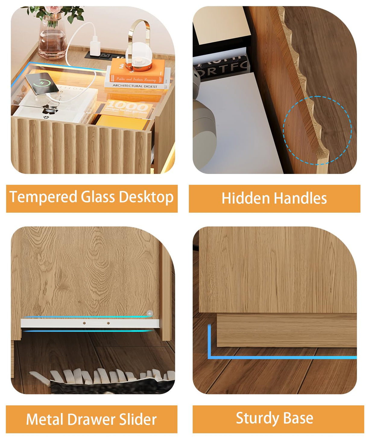 Irontar Fluted Nightstand with 2 Drawers & RGB LED Lights, Wooden Night Stand with Glass Top, Bedside Table with Charging Station, Modern End Side Table for Bedroom, Natural Oak BZZ012ME Irontar