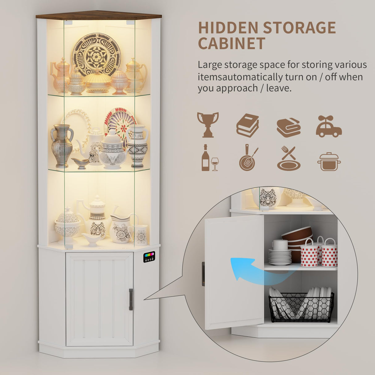 Lvifur 69" Corner Glass Display Cabinet with RGB Lights,3-Tier Movable Glass Shelves,Curio Display with Human Body Sensor,Bookcase with Storage Cabinet for Toys,Books,Collectibles,Liquor,White Lvifur