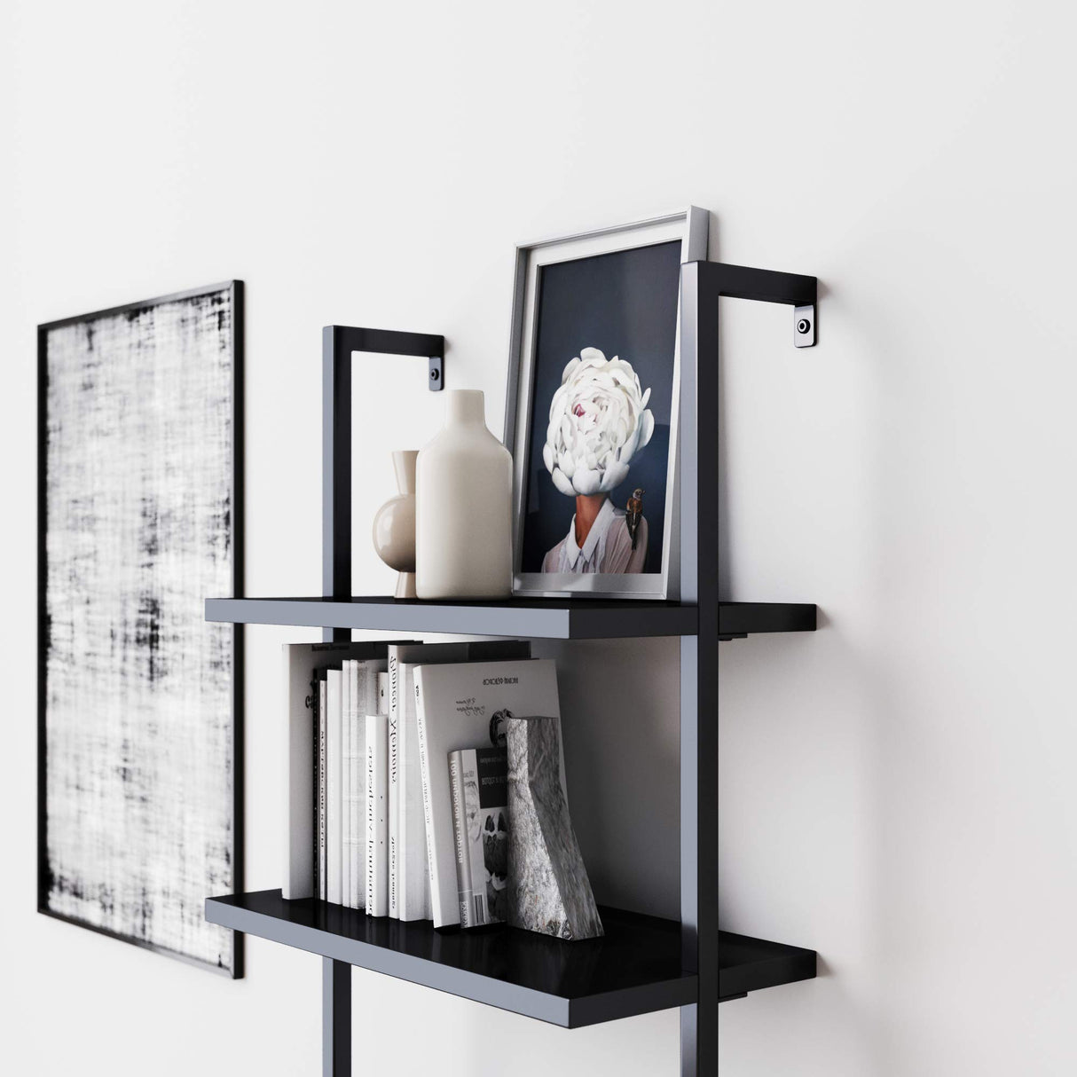 Nathan James Theo 5-Shelf Black Modern Bookcase, Open Wall Mount Ladder Bookshelf with Industrial Metal Frame Nathan James