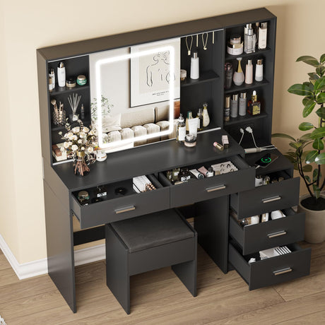 Fameill Makeup Vanity Desk with Sliding Mirror, Vanity Table with 3 Color Lighting, Vanity Table Set with Chair, 5 Drawer Storage, 5 Hooks, Charging Station and Ample Storage, Black Fameill