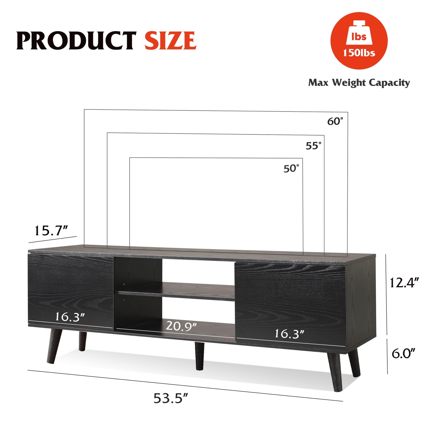 WLIVE TV Stand for 55 60 inch TV, Entertainment Center with Storage Cabinets, Rustic TV Console for Living Room Decor, Black