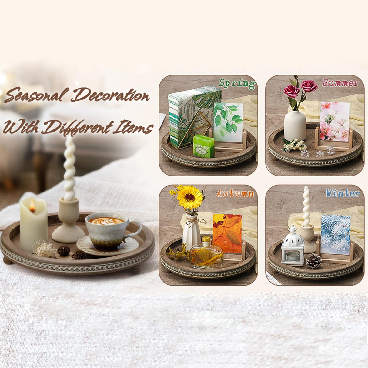 Handmade Wooden Serving Tray, Small Beaded Coffee Table Tray Decor, Warm Brown Round Decorative Tray for Coffee Table, Dining Room Table Entryway and Living Room Table KULEDM