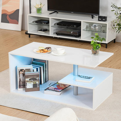 HOMMPA LED Coffee Tables for Living Room Modern White Coffee Table with S-Shaped 3 Tiers Open Storage Shelf High Gloss Center Sofa Tea Table with LED Lights for Home Office Furniture White 18" Tall