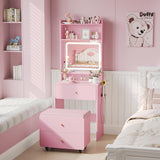 Vabches Small Vanity Desk Set with 3 Adjustable Lighted Mirror and Storage Chair, Vanity Set with Charger Station, Small Spaces Vanity Table for Bedroom，Pink Vabches