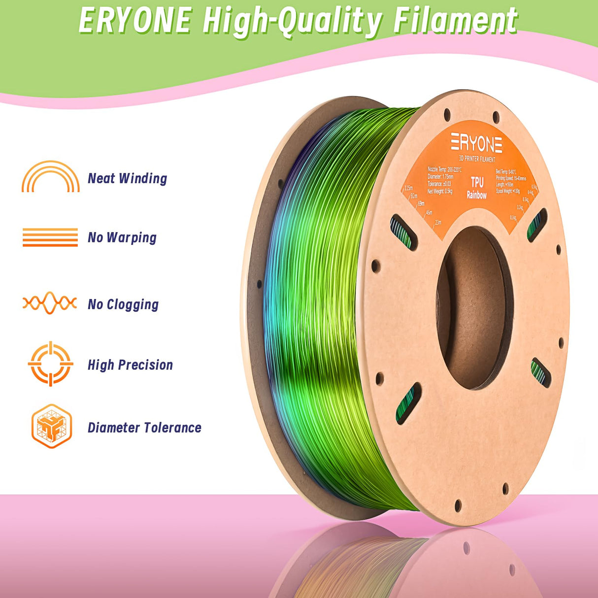 ERYONE TPU Filament 1.75mm +/-0.03mm Flexible TPU Roll, 95A Soft 3D Printer Filament 0.5kg Spool(1.1 lbs), Sea Glass Rainbow ERYONE