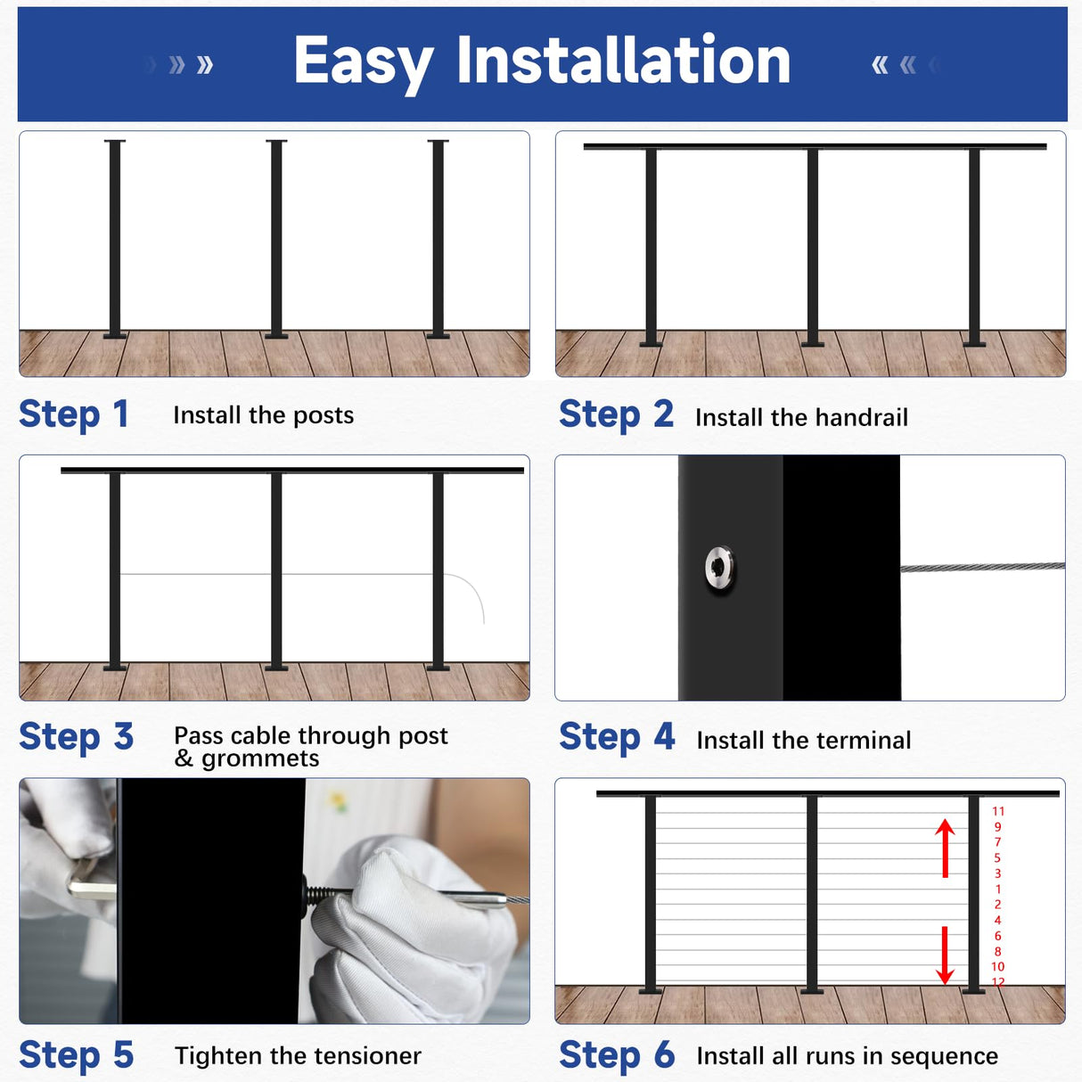 Gyykzz 2 Pack One-Stop Cable Railing Post Kits, 42" Fixed Top Level Drilled Line Post, Cable Railing System Including 2 Railing Post, 102ft Cable, 24 Terminal, 48 Cable Grommets (No Handrail) Gyykzz