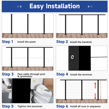 Gyykzz 2 Pack One-Stop Cable Railing Post Kits, 42" Fixed Top Level Drilled Line Post, Cable Railing System Including 2 Railing Post, 102ft Cable, 24 Terminal, 48 Cable Grommets (No Handrail) Gyykzz