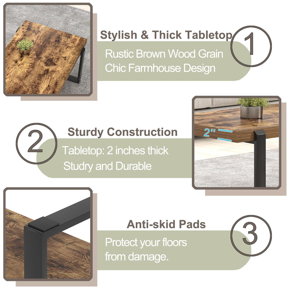 FOLUBAN Coffee Table, Modern Rustic Wood and Metal Center Table, Industrial Rectangle Cocktail Tea Table for Living Room, Brown, 47 Inch FOLUBAN