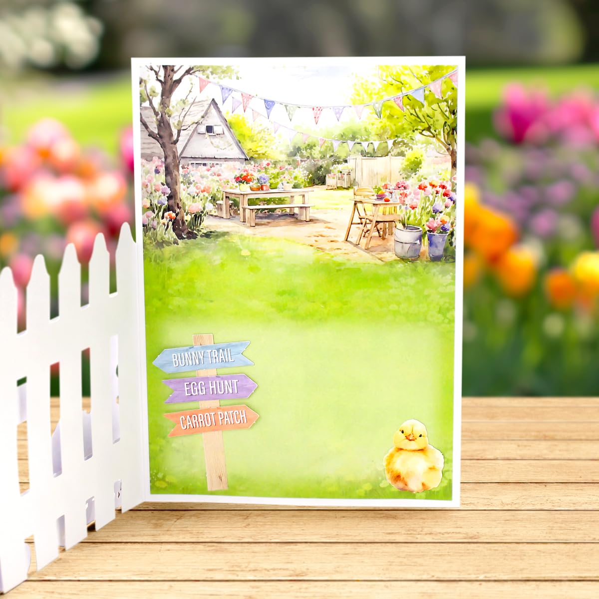 Katy Sue Spring Garden Picket Fence Card Making Kit. Contains 8 Shaped Cards, 3 Sheets of Die Cut Decoupage, Adhesive Foam Pads, Background Scenes, Instructions & 8 Envelopes for Card Making Supplies Katy Sue