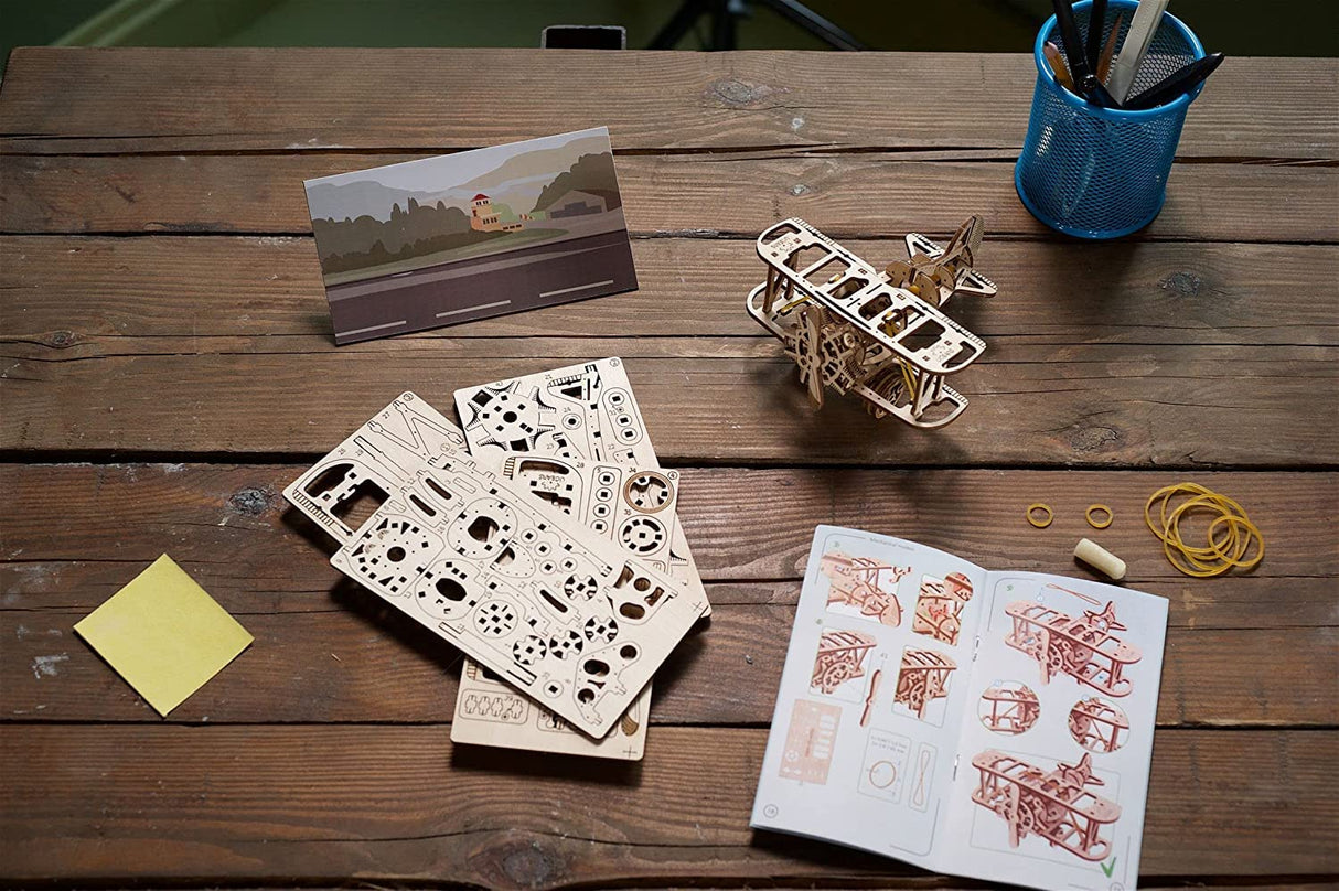 UGEARS Wooden 3D Puzzles for Adults - Mini Biplane Wooden Model Kit Crafts for Adults - DIY Kits for Adults Mechanical 3D Wooden Puzzles for Adults for Aviation Enthusiasts and Puzzle Lovers - 84 Pcs UGEARS