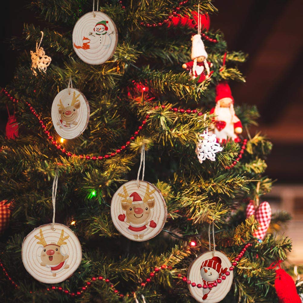 AerWo Natural Wood Slices Christmas Ornaments, 50 Pcs 2.7-3.1 Inches Small Wood Slices with Holes, Round Plain Wooden Circle Ornaments Blanks for DIY Crafts Unfinished Xmas Wooden Ornaments AerWo