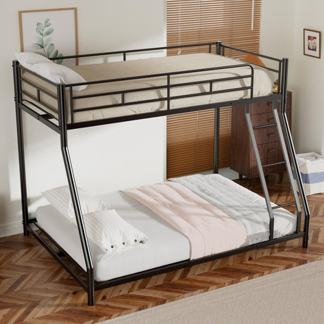 Mixcous Twin Over Full Bunk Bed for Adults & Kids, Heavy Duty Bunk Beds with EVA Padded Ladder and Full-Length Guardrails, Noise-Free Metal Bed Frame, Space-Saving Design, Black Mixcous