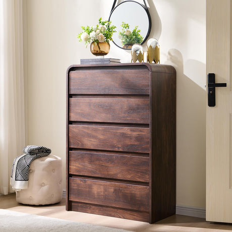 Aitjunz Modern 5 Drawers Dresser for Bedroom, 45" Tall Dressers & Chests of Drawers w/Curved Profile Design, Wood Mid Century Vertical Dresser w/Natural Texture for Bedroom, Living Room, Brown Aitjunz