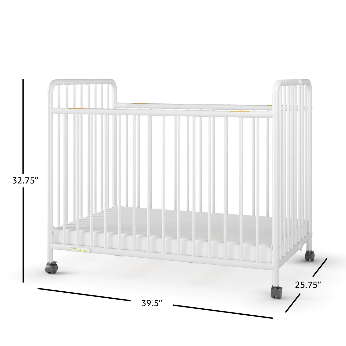 Child Craft Little Dreamer Metal Compact Folding Portable Crib with 2” Crib Mattress and 2 Easy Roll Locking Wheels, Durable Metal Construction, Easy to Clean (White)