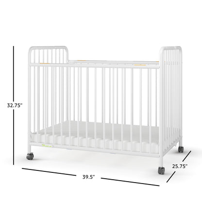 Child Craft Little Dreamer Metal Compact Folding Portable Crib with 2” Crib Mattress and 2 Easy Roll Locking Wheels, Durable Metal Construction, Easy to Clean (White)