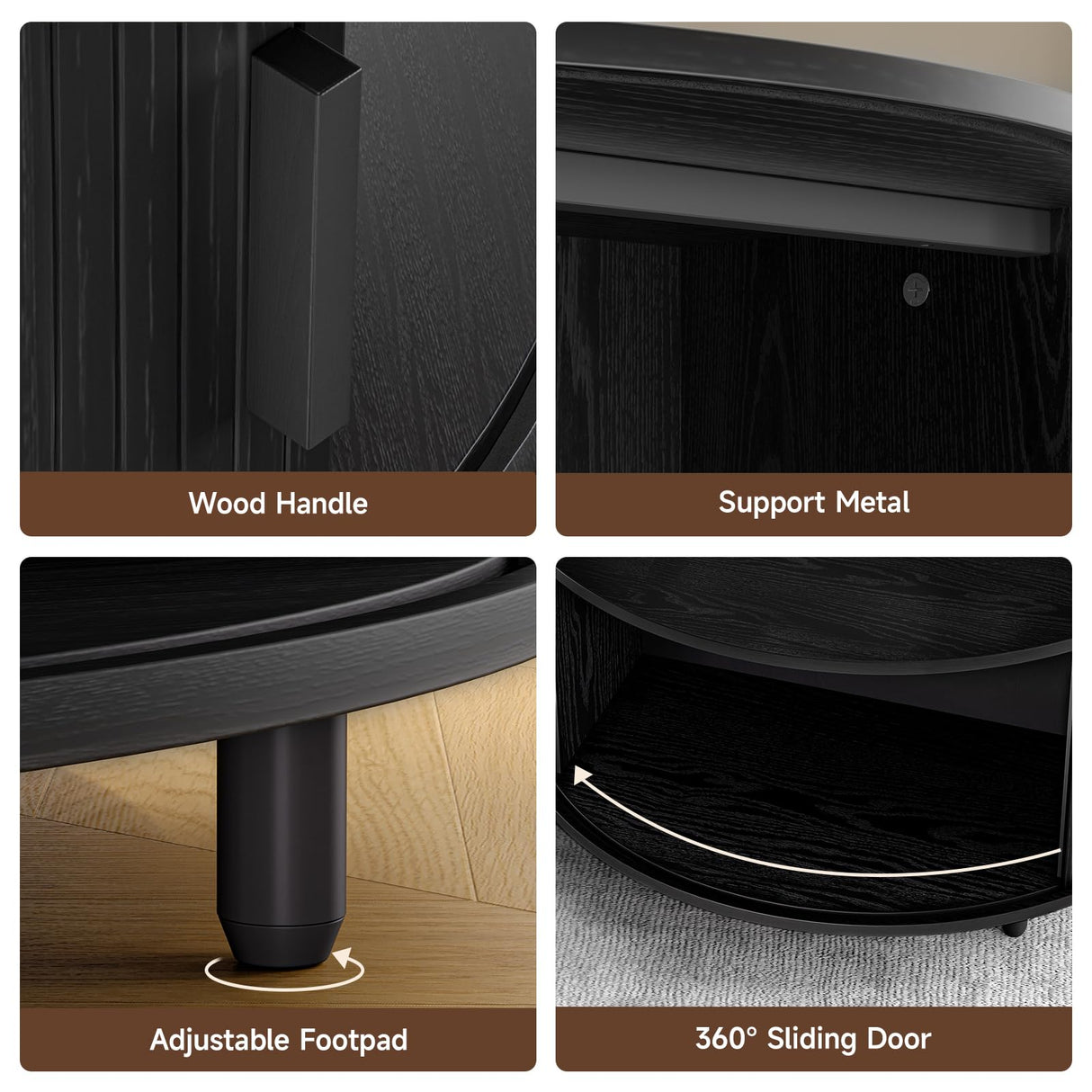 Lefurture 31.5 Inch Round Coffee Table, Mid-Century Modern Coffee Table wtih Storage, Accent Coffee Table with Adjustable Footpads, Center Table with Sliding Doors for Living Room (Black) Lefurture