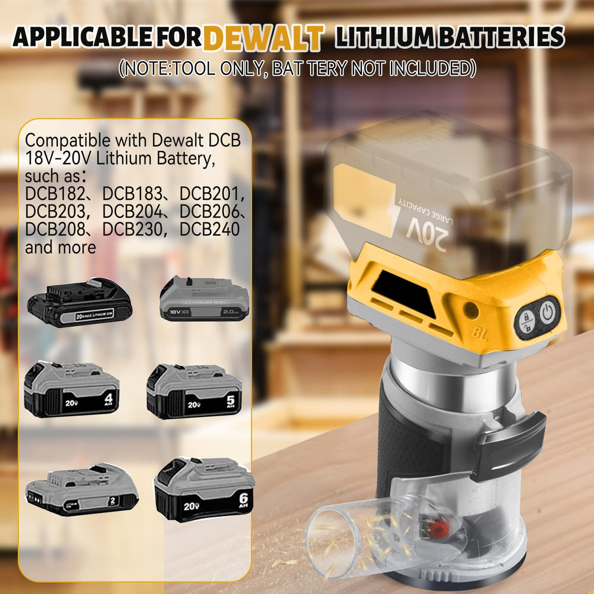 Cordless Router for DeWalt 20V Battery (Tool Only), 6 Speeds 30,000RPM Brushless Compact Router for Woodworking, Palm Router with Trim Router Bits, Edge & Roller Guide, Dust Hood Yuqutum