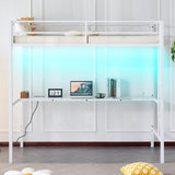 Karl home Twin Metal Loft Bed with Desk, with Power Outlet and LED Lighted, Safety Guardrail & Ladder, Space Saving, No Noise, No Box Spring Needed, White Karl home