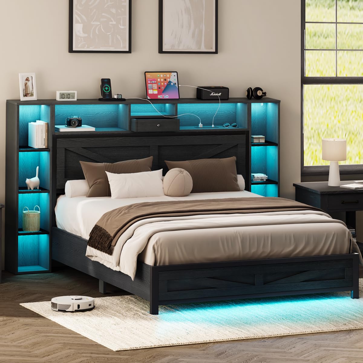 Siihnon Full Size Bed Frame with Bookcase Headboard and Bedside Storage, Black Farmhouse Full Bed Frame with Charging Station and LED Lights, Heavy Duty Metal Slats, Noiseless, No Box Spring Needed Siihnon